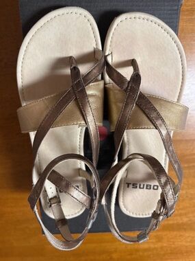 Tsubo Bronze and Gold Leather Strappy Sandals in box